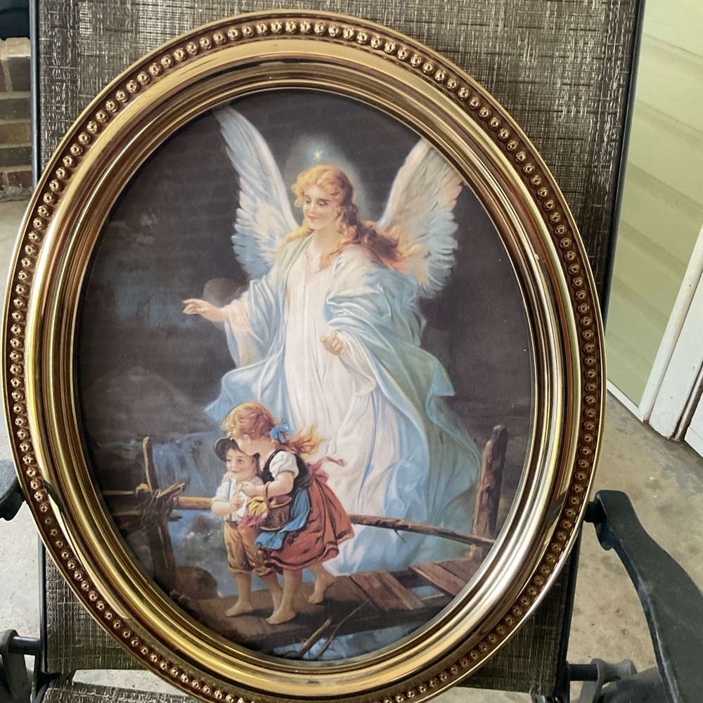 Home Interiors Gold Framed Guardian Angel Print with Soft Blue and White Tones